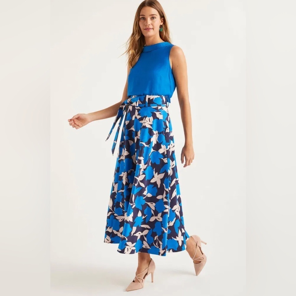 Blue Floral A-Line Midi Skirt